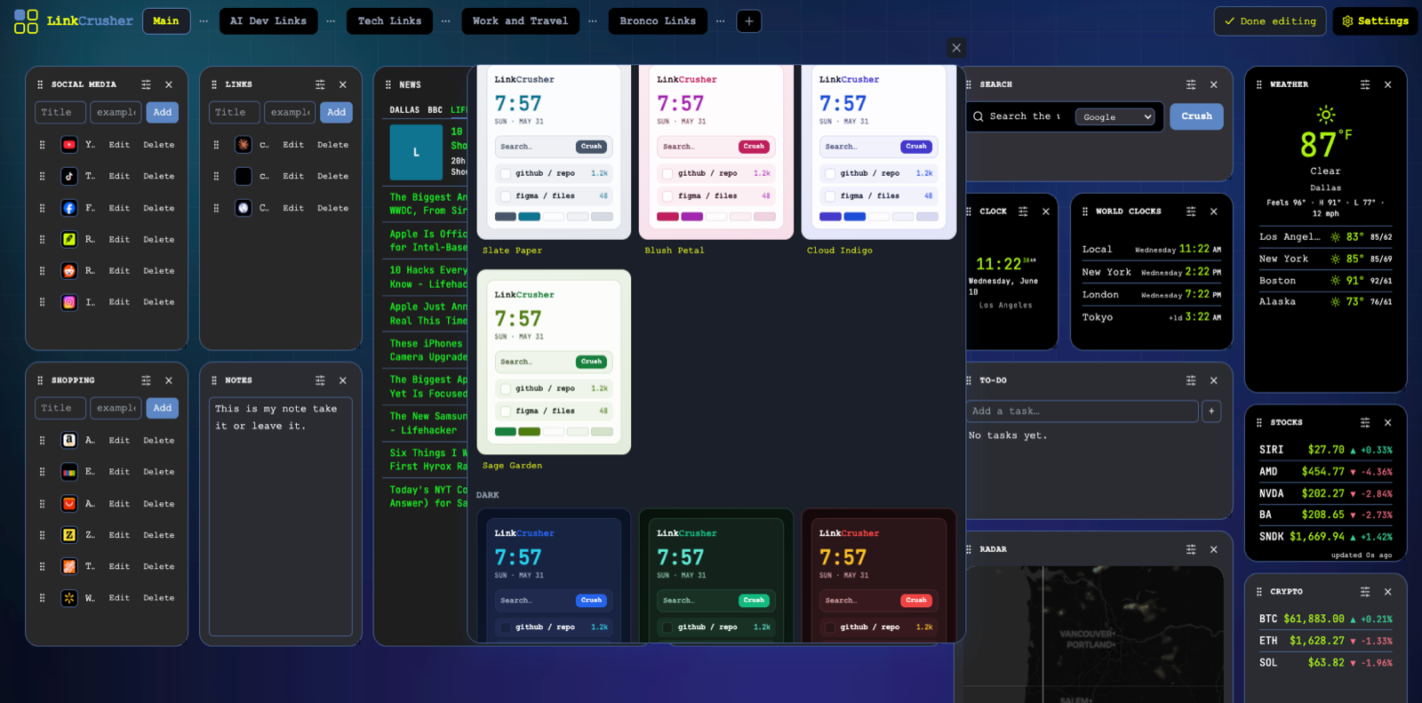 The theme gallery open over a live dashboard — preset themes previewed as mini dashboards in light and dark