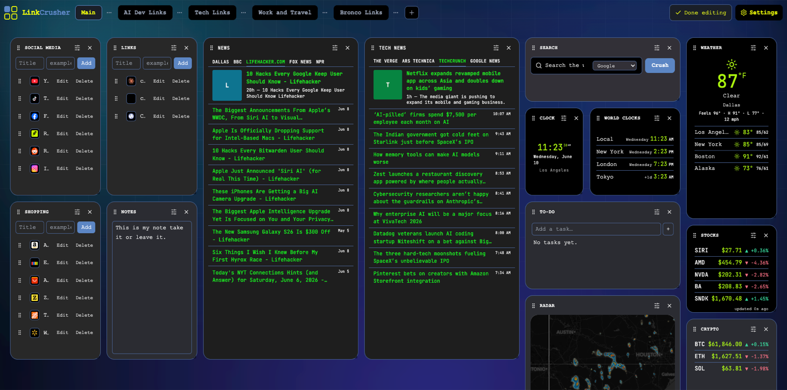 A fully loaded LinkCrusher workspace — boards for AI Dev Links, Tech Links, Work and Travel and more, with social, links, shopping, notes, news, weather, clocks, to-do, radar, stocks and crypto widgets